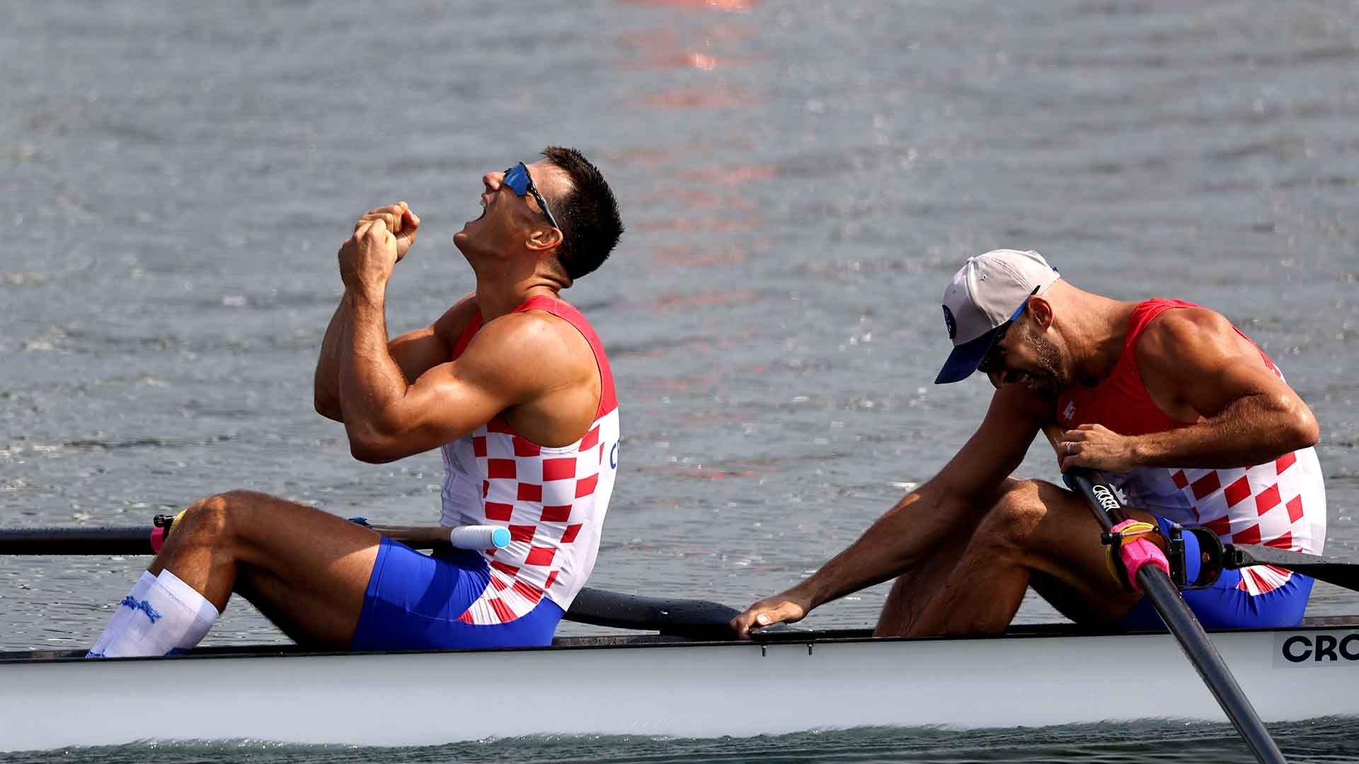 Martin Sinkovic and Valent Sinkovic of Team Croatia celebrate winning the gold medals after competing in the Rowing Men's Pair Final A on day seven of the Olympic Games Paris 2024 at Vaires-Sur-Marne Nautical Stadium on August 02, 2024 in Paris, France. 