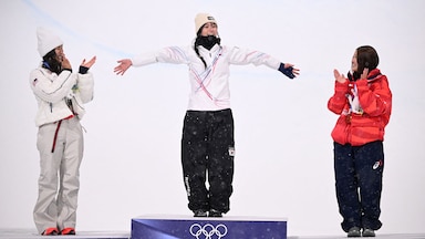 Chloe Kim of the U.S., Gaon Choi of South Korea and Mitsuki Ono of Japan celebrate on the podium