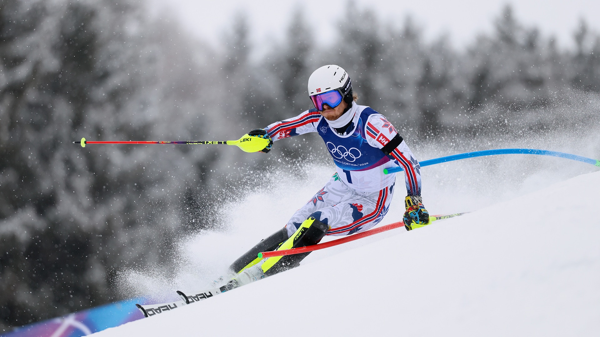 Atle Lie McGrath (NOR) navigates blizzard conditions during Run 1 of the men's Olympic slalom in Bormio at the Stelvio Alpine Skiing Centre.
