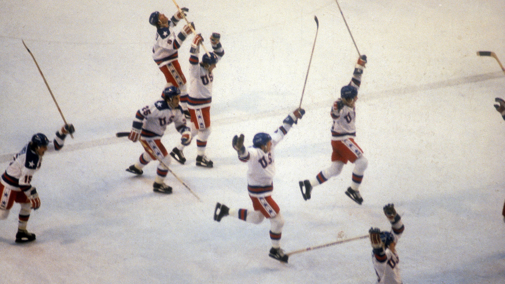 United States Olympic hockey players jump with jubilation after beating the Soviet Union hockey team in the semifinals on February 22, 1980, during the Winter Olympics in Lake Placid, New York. The United States won the game 4-3. The game was dubbed "The Miracle on Ice." 