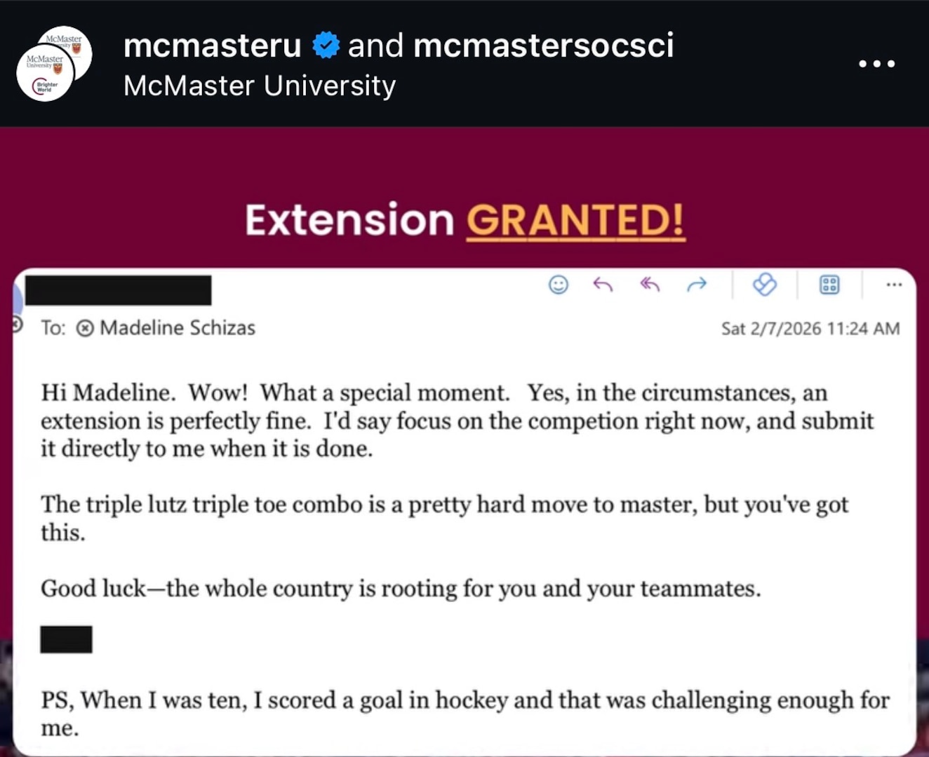 Madeline Schizas receives a homework extension to compete in the Olympics.