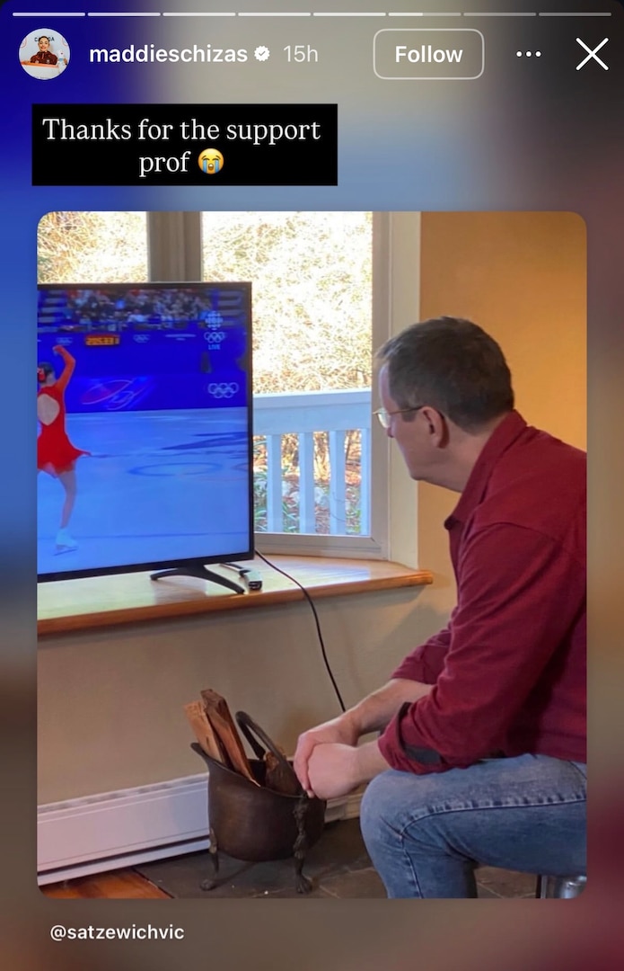 Professor Victor Satzewich watches his student Madeline Schizas in the Olympics.