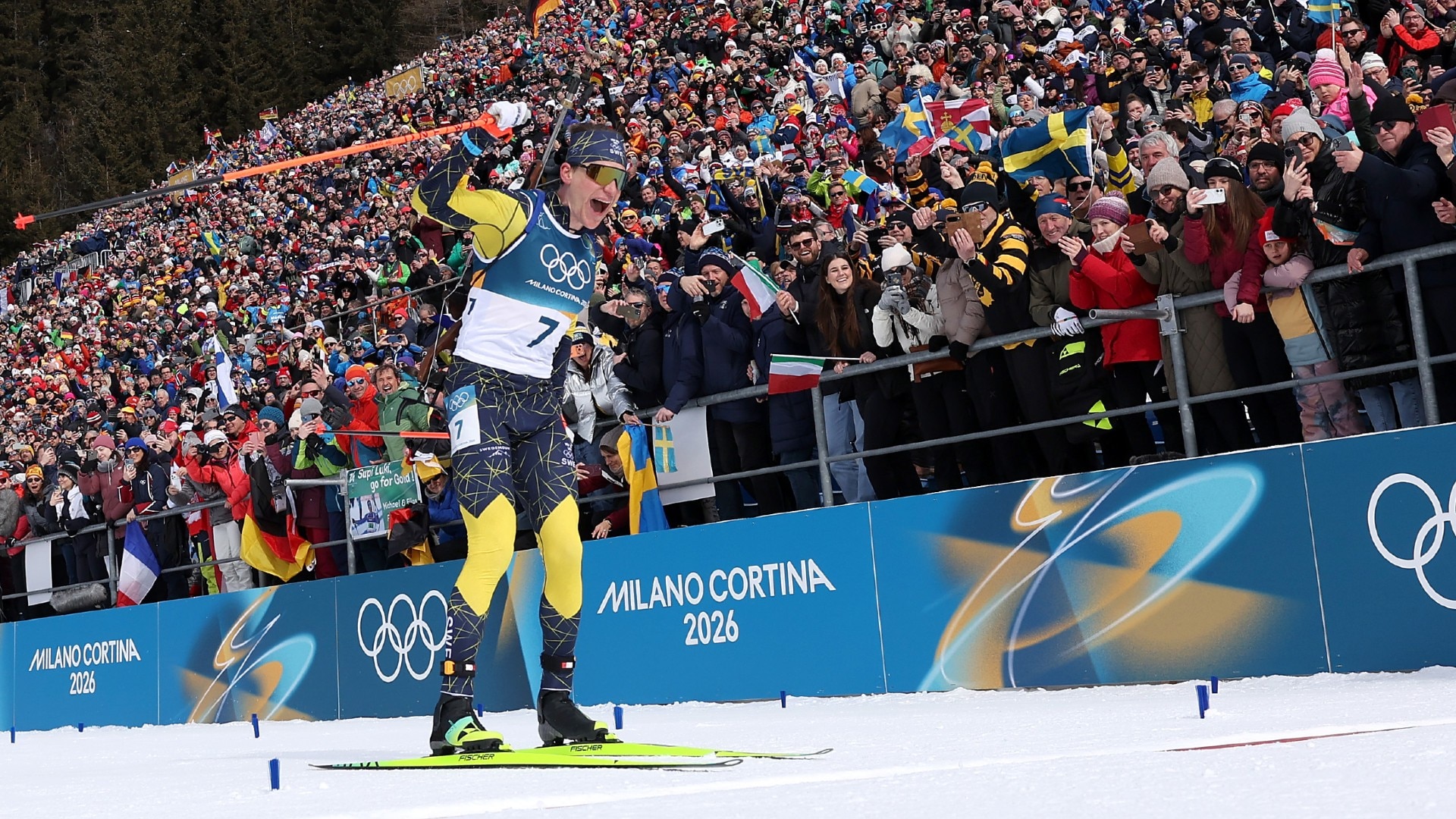 Martin Ponsiluoma in the men's biathlon 12.5km pursuit. 