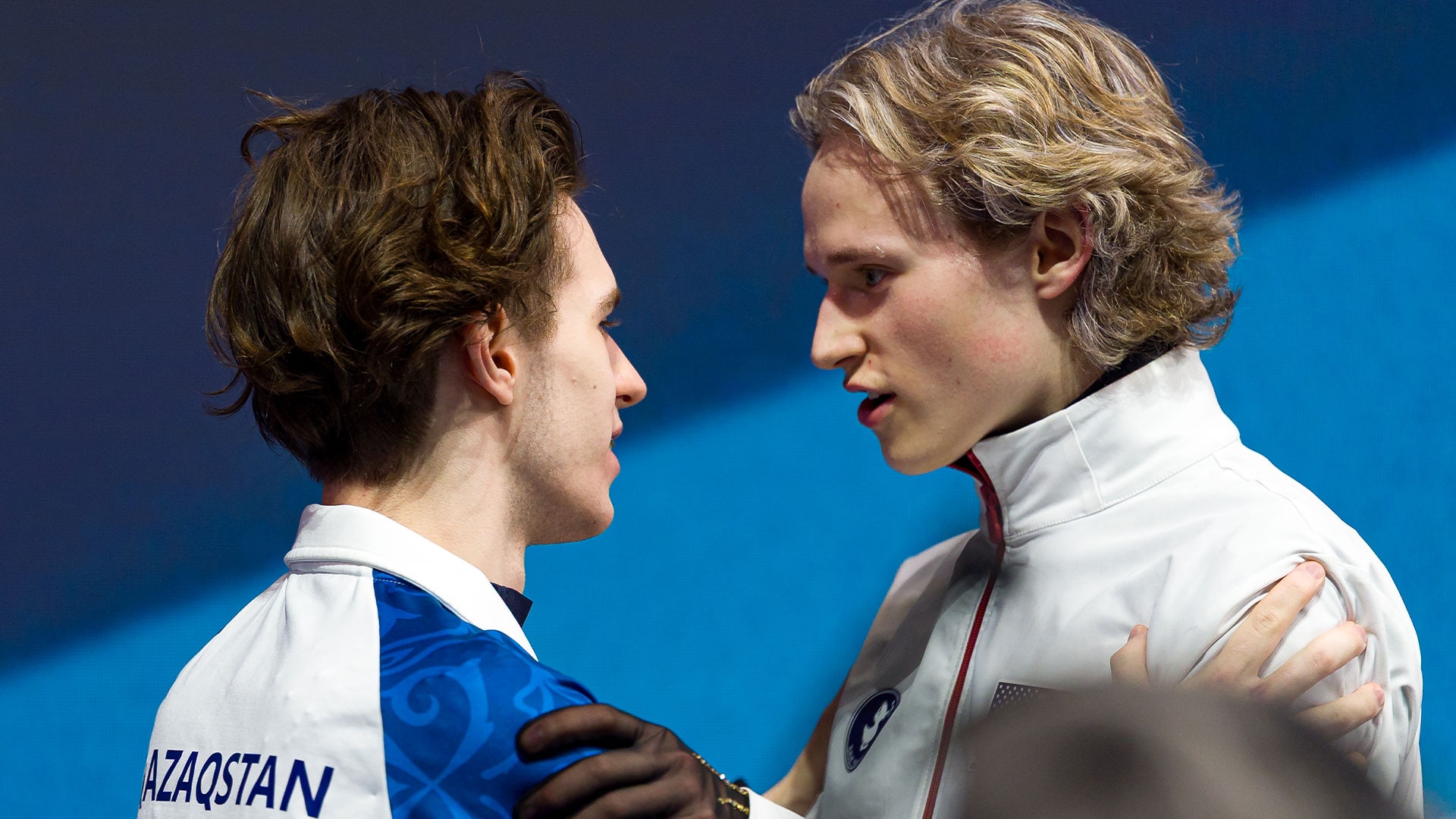 Ilia Malinin congratulates Mikhail Shaidorov