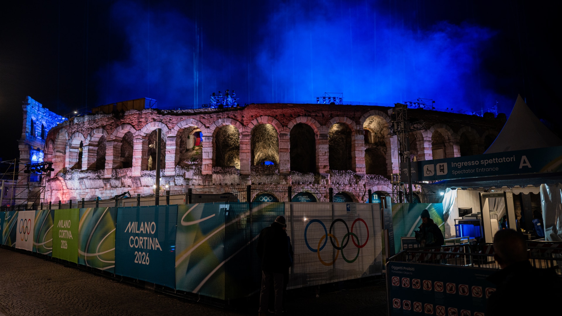 A general view of the Verona Arena illuminated during the technical rehearsals for the Milan Cortina 2026 Olympic Winter Games Closing Ceremony.