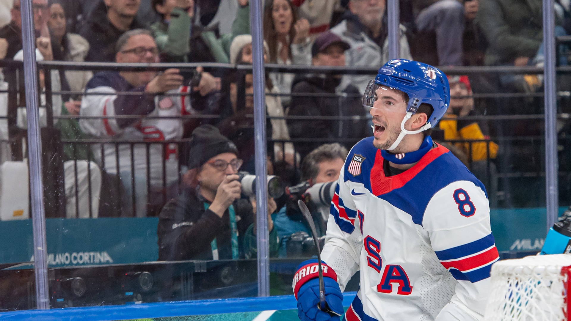 Zach Werenski celebrates against Germany.