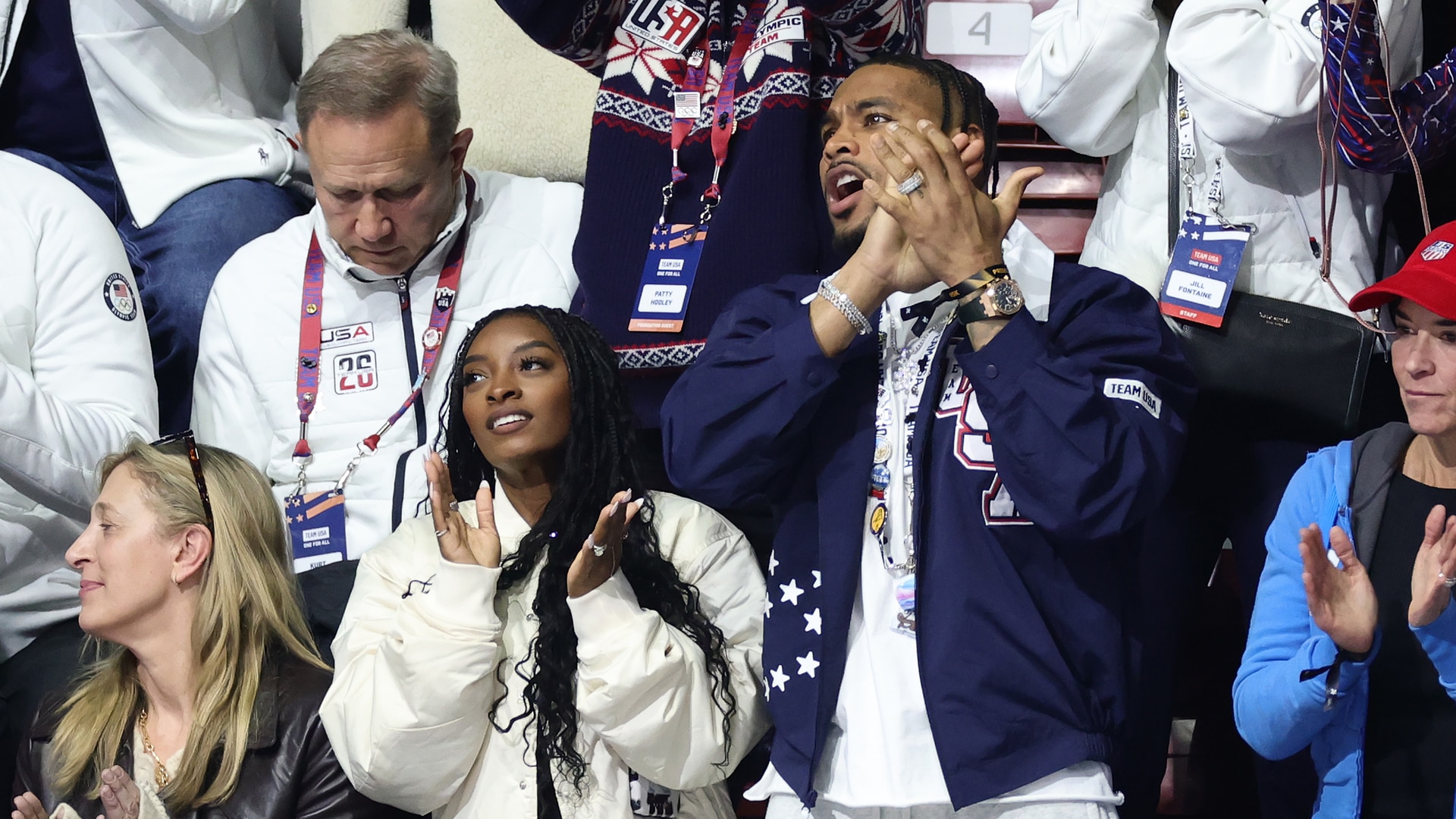 American gymnast Simone Biles and husband Jonathan Owens in attendance at the Men Single Skating at the Milan Cortina Games.