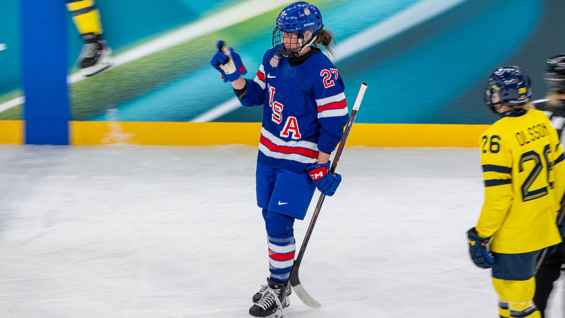 Taylor Heise of United States celebrates after scoring a goal during the semifinal match with Sweden at the Milan Cortina 2026 Winter Olympic Games at Milano Santagiulia Ice Hockey Arena on February 16, 2026 in Milan, Italy.