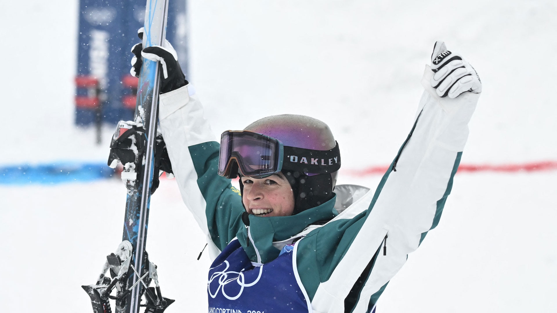 Australia's Jakara Anthony celebrates her victory in the freestyle skiing women's dual moguls final during the 2026 Winter Olympic Games at Livigno Aerials & Moguls Park, in Livigno, Italy.