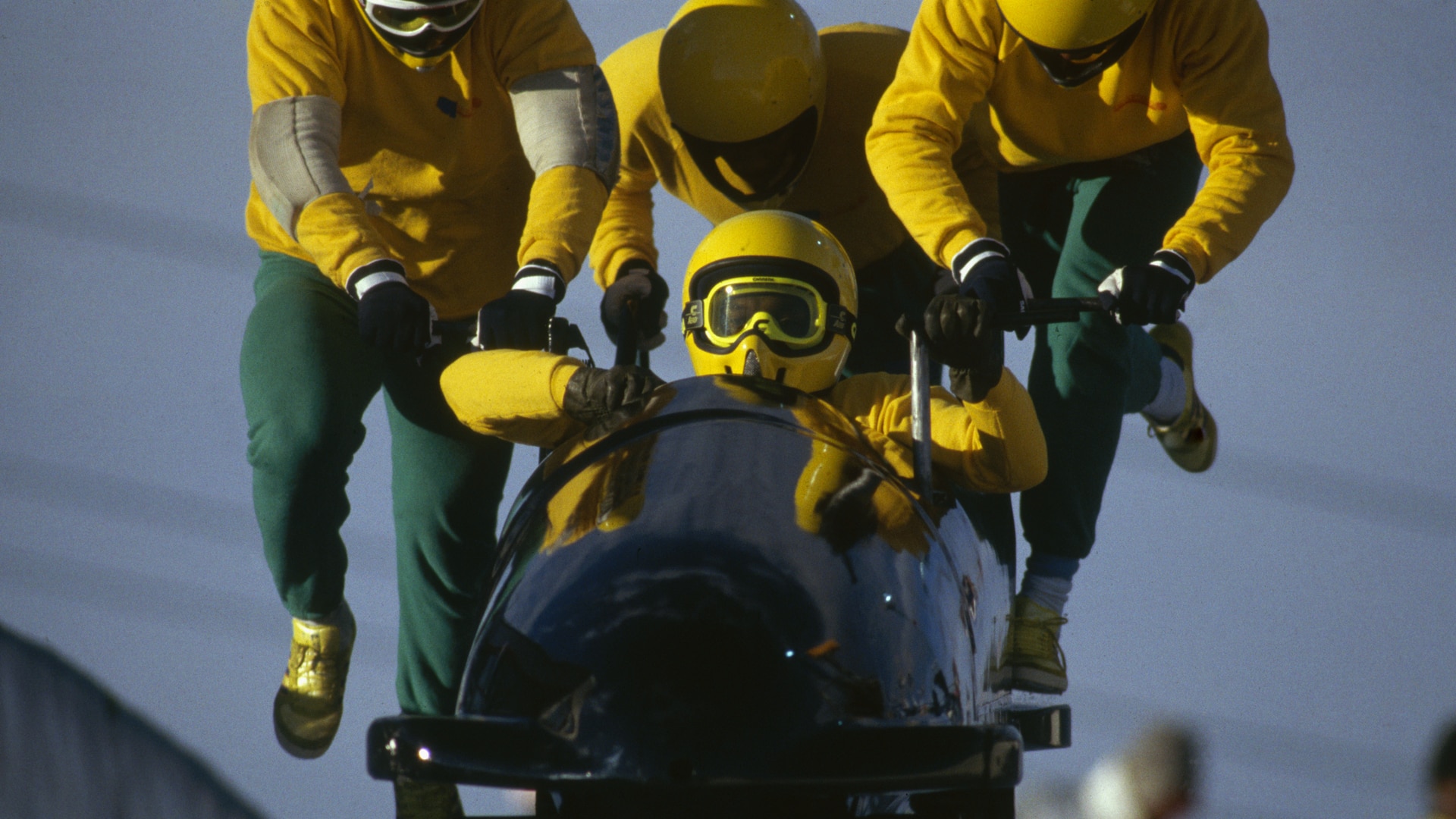 The Jamaican four-man bobsleigh team in action at the 1988 Calgary Winter Olympic Games held on February 25, 1988, in Calgary, Canada.