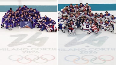 Team USA celebrates after winning gold during the women's and men's gold medal games between Canada and the United States of America at the Milan Cortina 2026 Winter Olympic Games at Milano Santagiulia Ice Hockey Arena. 