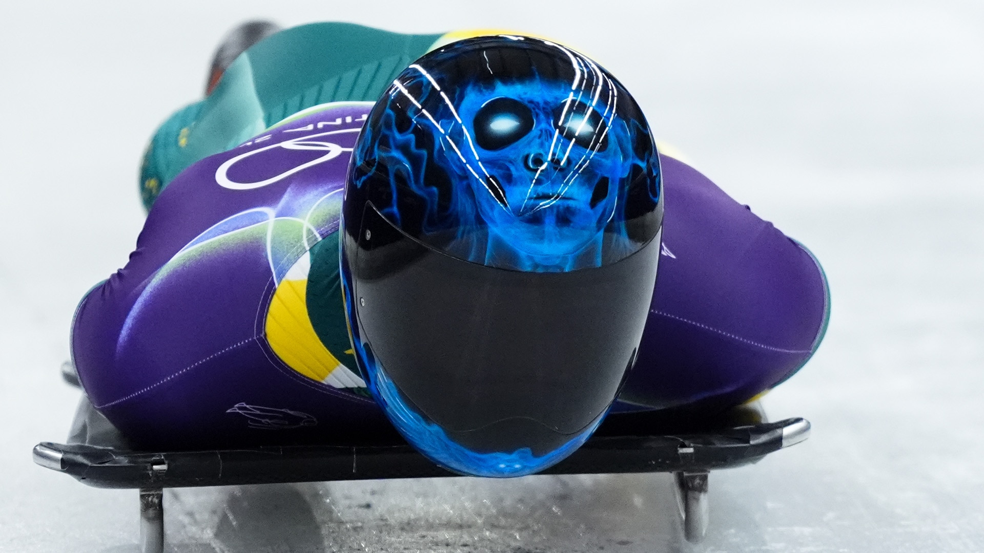 Close-up of Nicholas Timmings' blue skeleton helmet