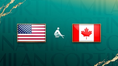 The U.S. flag, a wheelchair curler pictogram and Canada's flag over a purple and gold background.