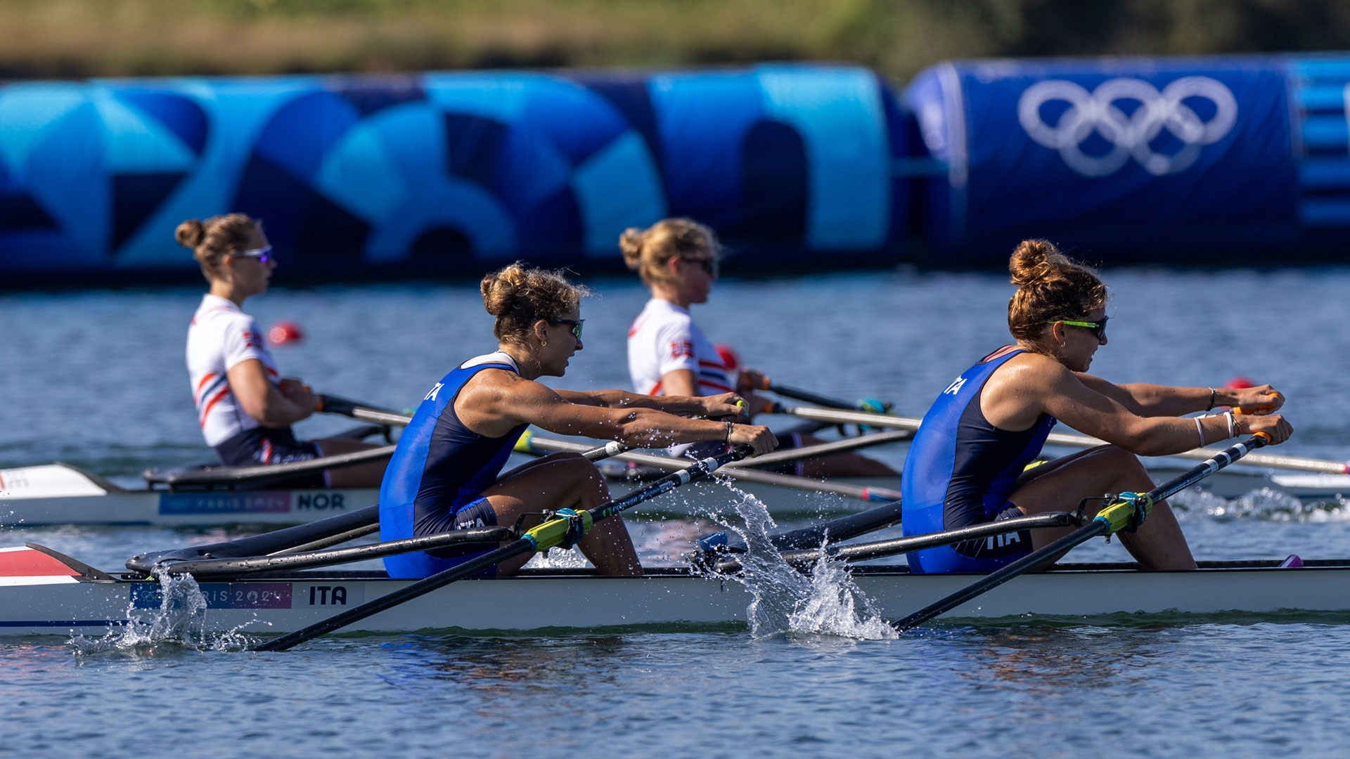 Clara Guerra and Stefania Gobbi compete in the women's double sculls repechages during the 2024 Olympic Games at Vaires-Sur-Marne Nautical Stadiumon.