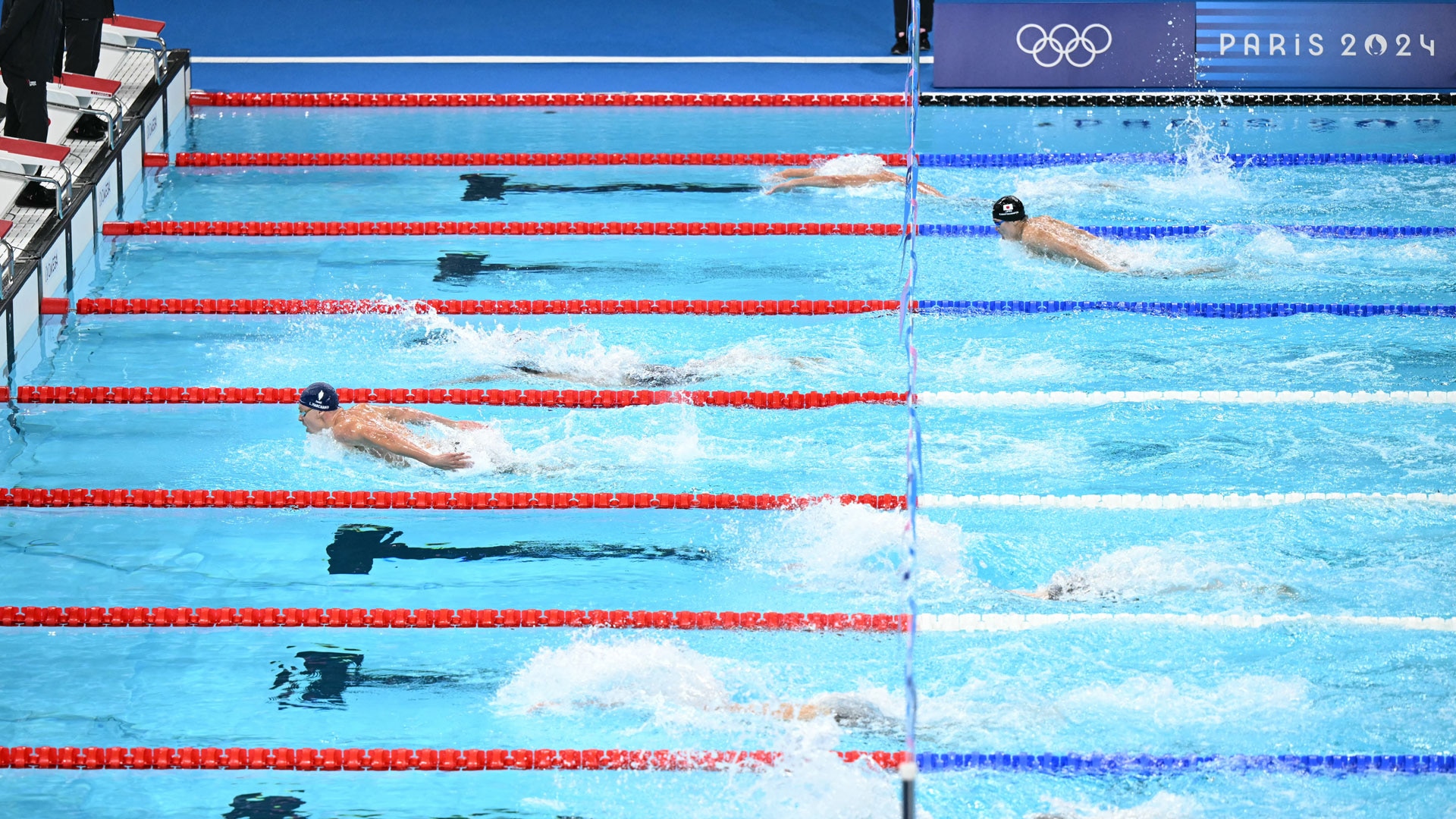 Leon Marchand led in the final of the men's 400m individual medley swimming event at the 2024 Olympic Games.