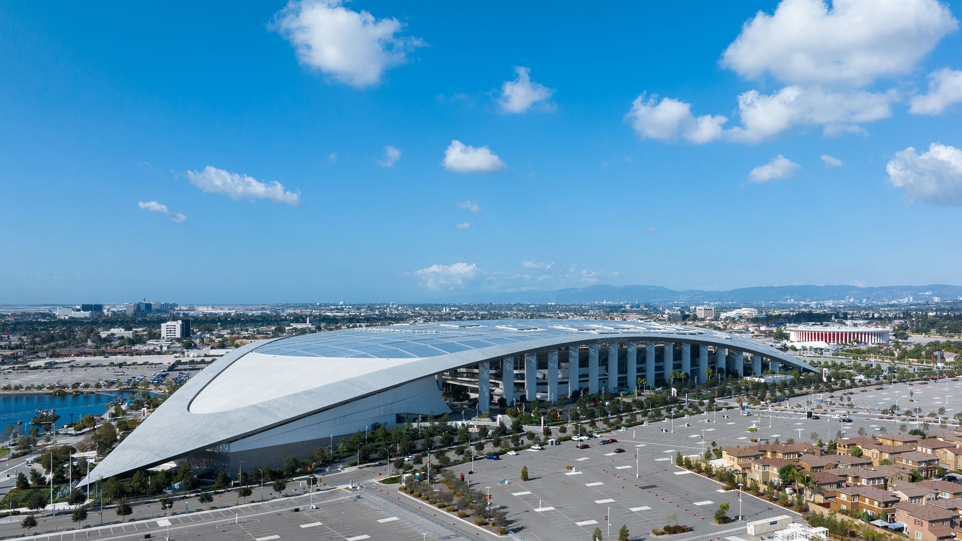 An aerial view of the SoFi Stadium 