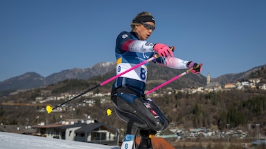 Mar 8, 2026; Cortina, Italy; Oksana Masters USA competes during the Para Biathlon Men's Individual Sitting during the Italy 2026 Paralympic Winter Games at Tesero Cross-Country Skiing Stadium. Mandatory Credit: OIS/Joel Marklund via Imagn Images