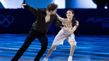 Madison Chock and Evan Bates perform one of their ice dance routines on the ice.